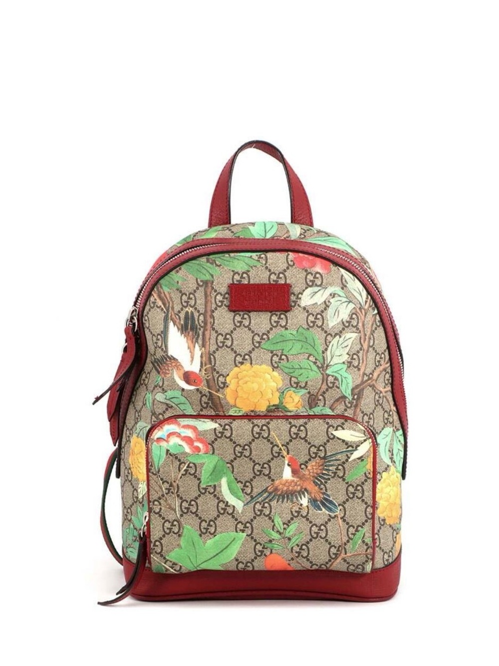 Gucci GG Supreme Floral & Bird Mini Backpack in Red Trim.